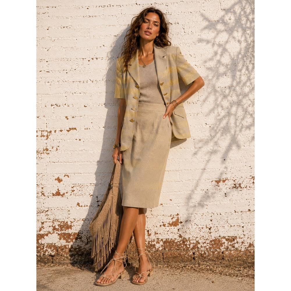 Vintage Rickie Freeman for T.J. Suits Rayon Gold Lurex Stripe Skirt Set USA 12